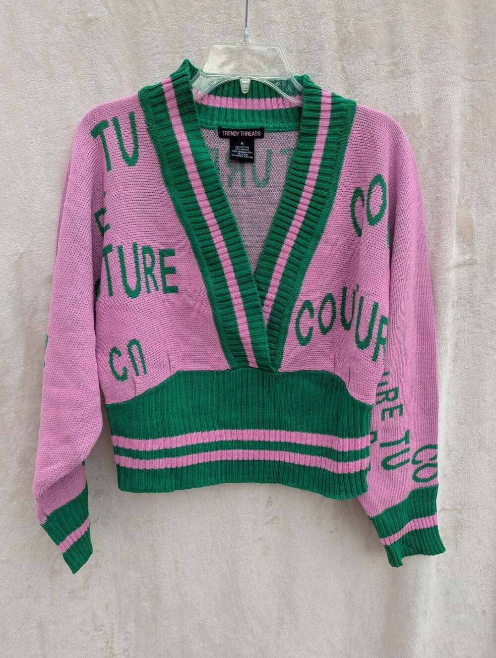 Trendy Threads Pink and Green Couture Print V-Neck Knit Sweater Medium